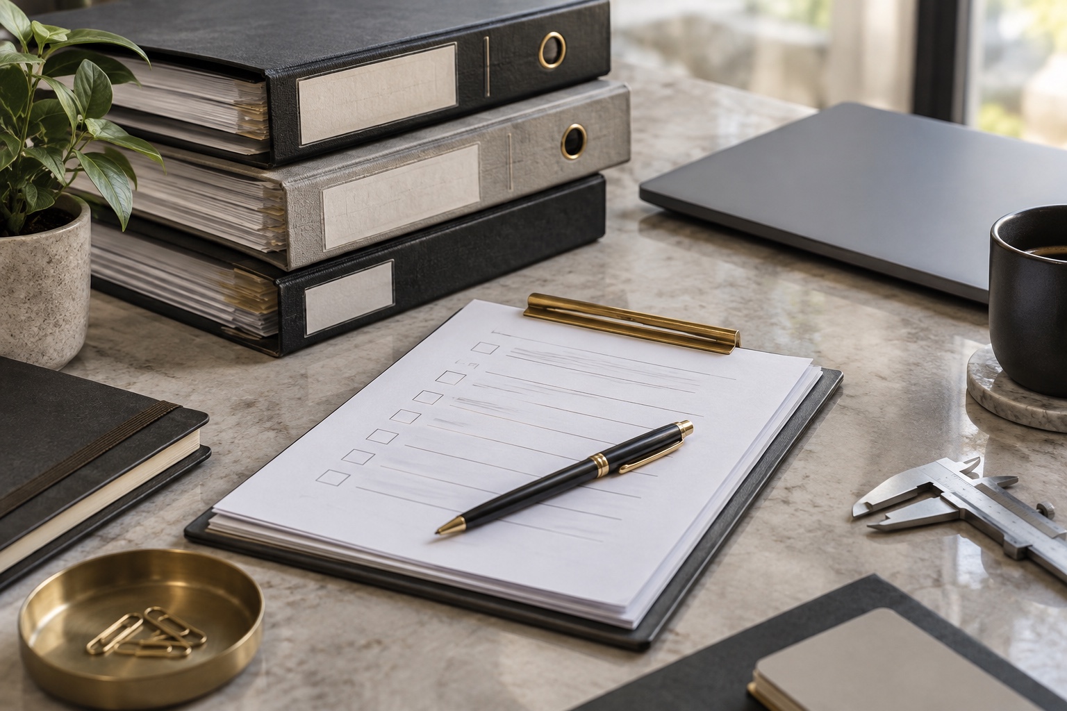 Professional compliance desk with audit files, checklist, and quality control tools